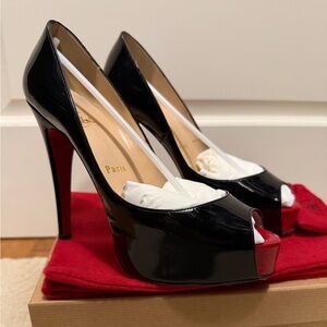 Christian Louboutin Hyper Privé Black Patent Peep-Toe Pumps with Red Platform